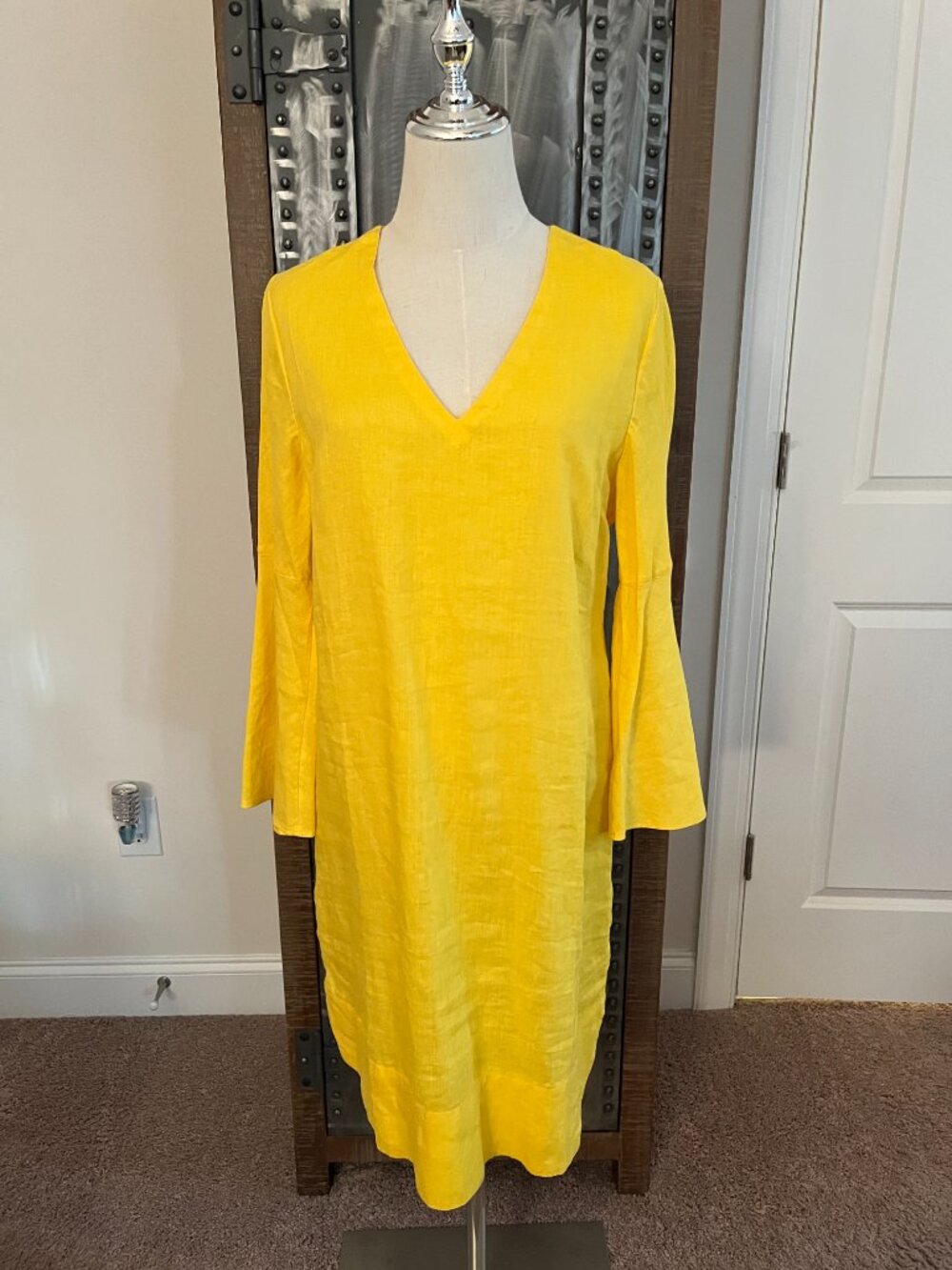 NWT Soft Surroundings Yellow Milano Linen Bell Sleeve V-Neck Shift Dress M - Picture 6 of 10